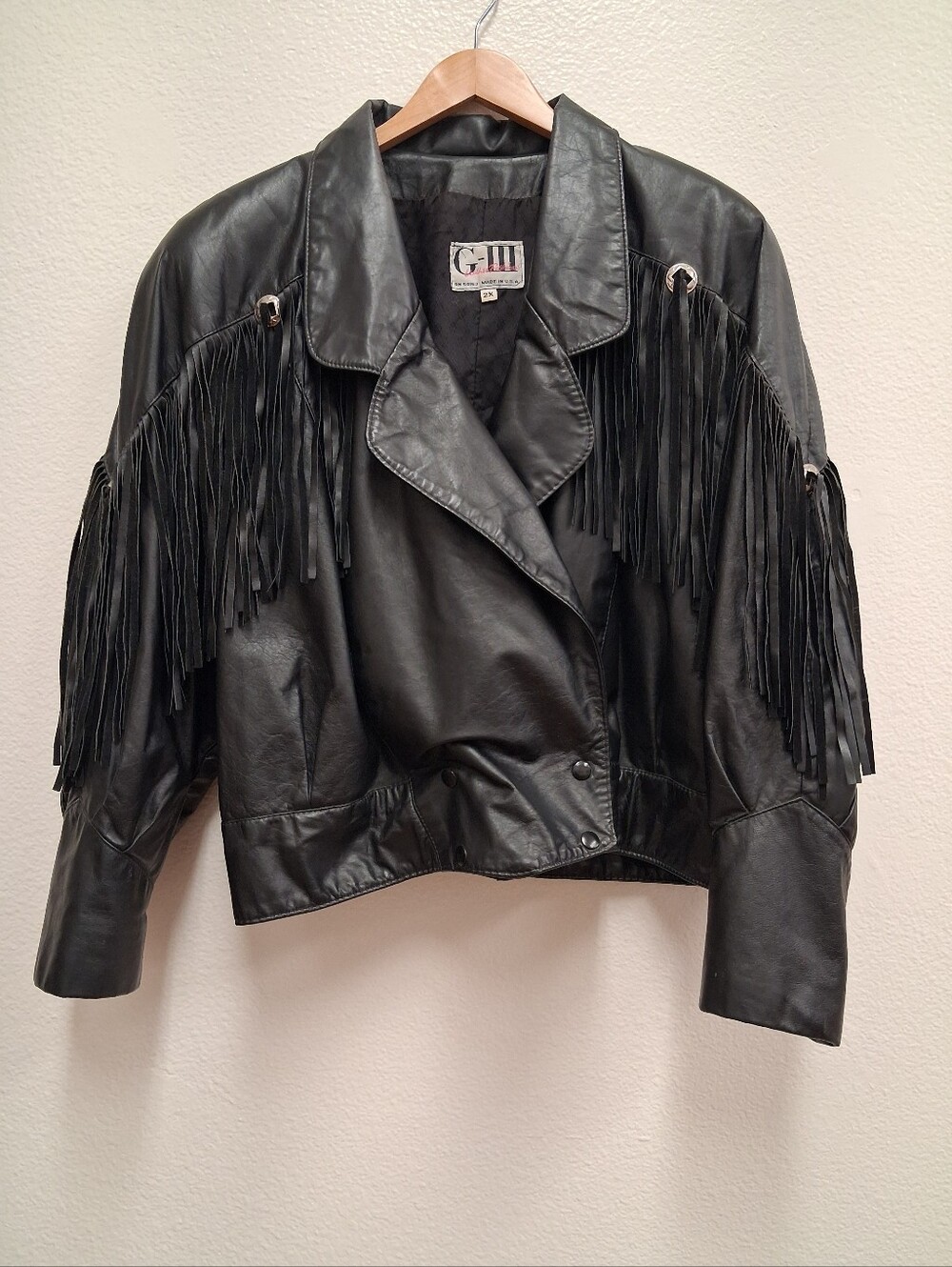 90s G-III Women’s Black Fringe Leather Jacket w/ Pockets Size 2XL Vintage